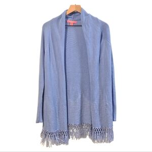 Lilly Pulitzer Tatum Blue Peri Fringe Cotton Long Open Front Cardigan Size Large